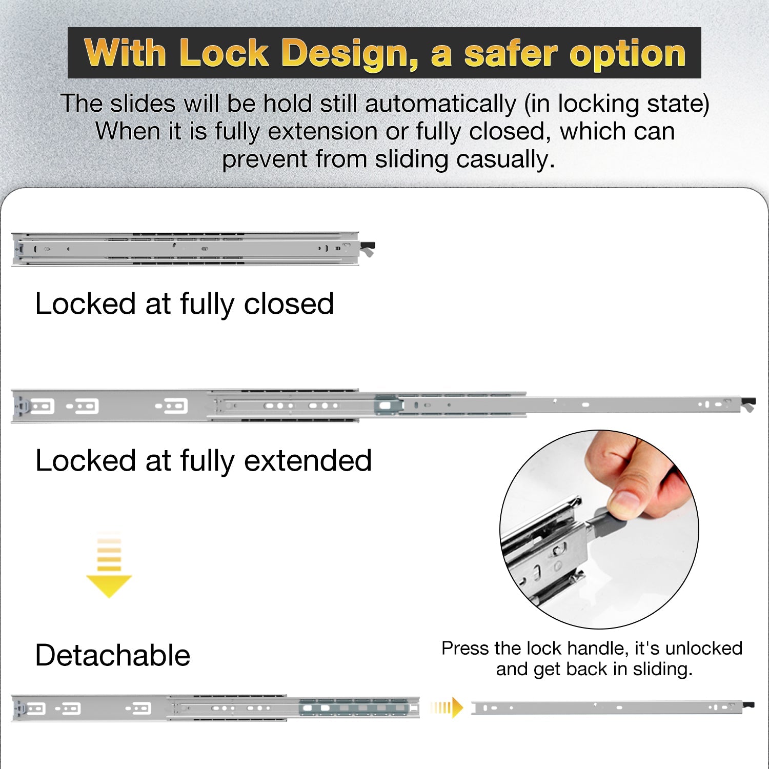 150 Lbs Heavy Duty Drawer Slides Full Extension With Lock Side Mount Ball Bearing Metal Rails Track Guide Glides Runner - YENUO