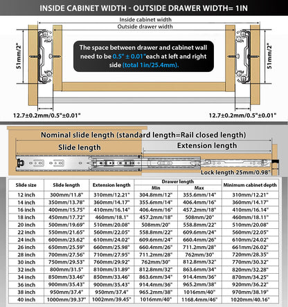 150 Lbs Heavy Duty Drawer Slides Full Extension With Lock Side Mount Ball Bearing Metal Rails Track Guide Glides Runner - YENUO