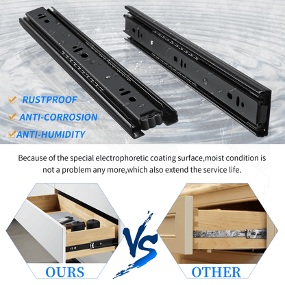 Full Extension Drawer Slides Side Mount Ball Bearing Metal Black Rails Track Guide Glides Runners Heavy Duty 100 Pound Load Capacity - YENUO