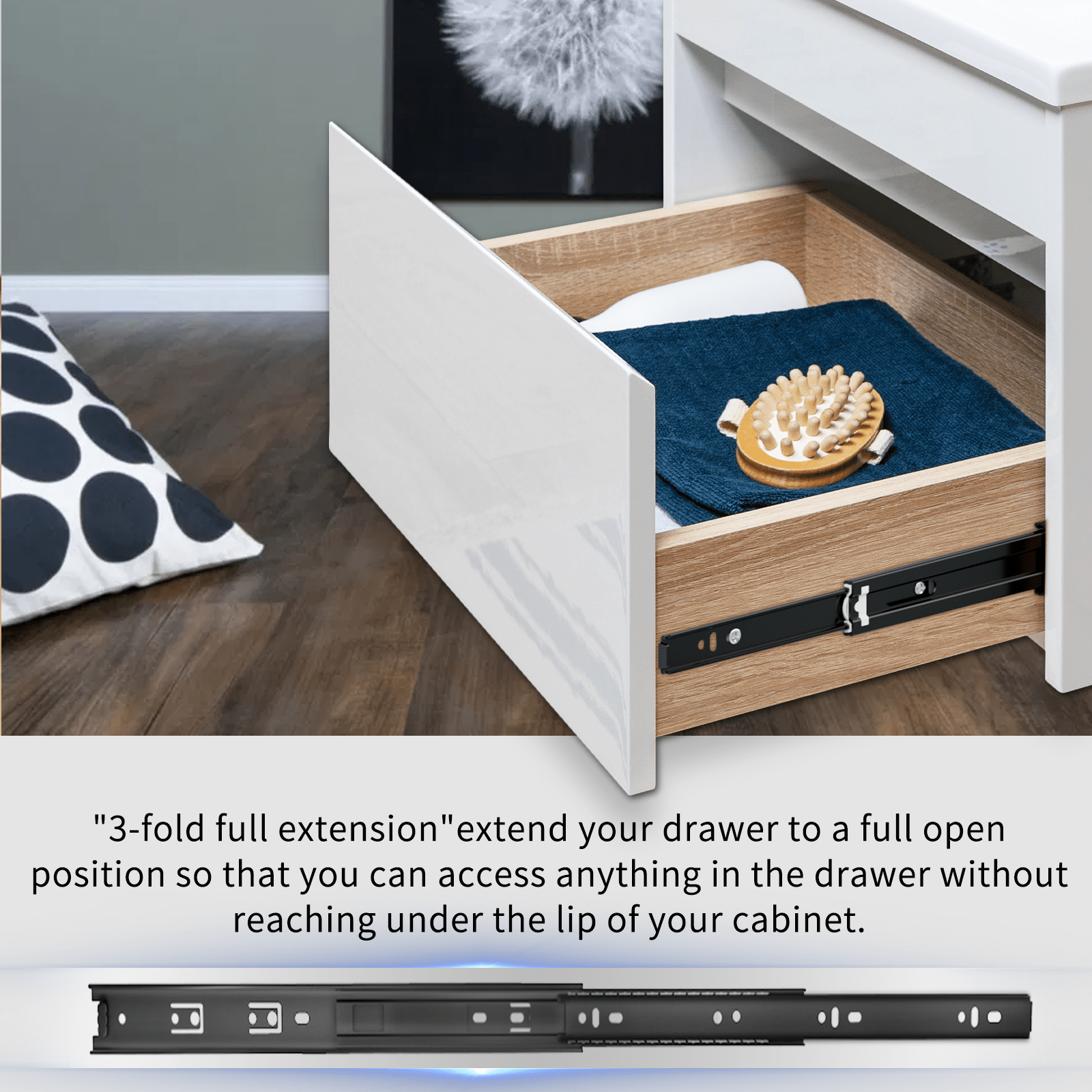 Full Extension Drawer Slides Side Mount Ball Bearing Metal Black Rails Track Guide Glides Runners Heavy Duty 100 Pound Load Capacity - YENUO