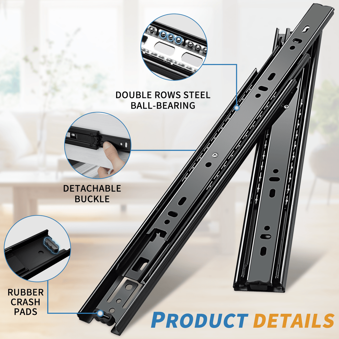 Full Extension Drawer Slides Side Mount Ball Bearing Metal Black Rails Track Guide Glides Runners Heavy Duty 100 Pound Load Capacity - YENUO