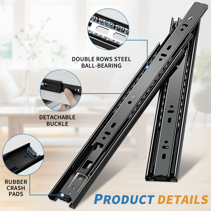 Full Extension Drawer Slides Side Mount Ball Bearing Metal Black Rails Track Guide Glides Runners Heavy Duty 100 Pound Load Capacity - YENUO