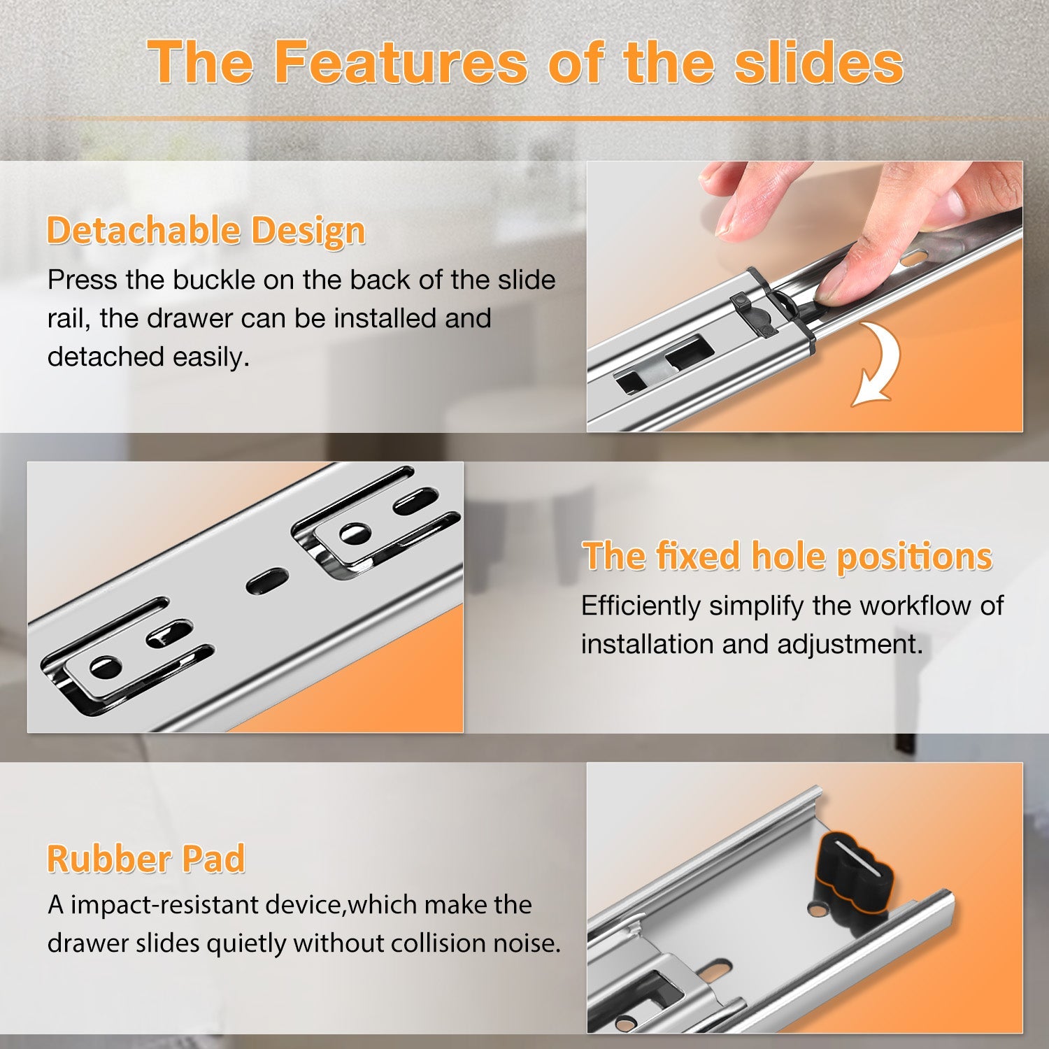 Full Extension Drawer Slides Side Mount Ball Bearing Metal Rails Track Guide Glides Runners Heavy Duty 100 Pound Load (Rolled Steel) - YENUO