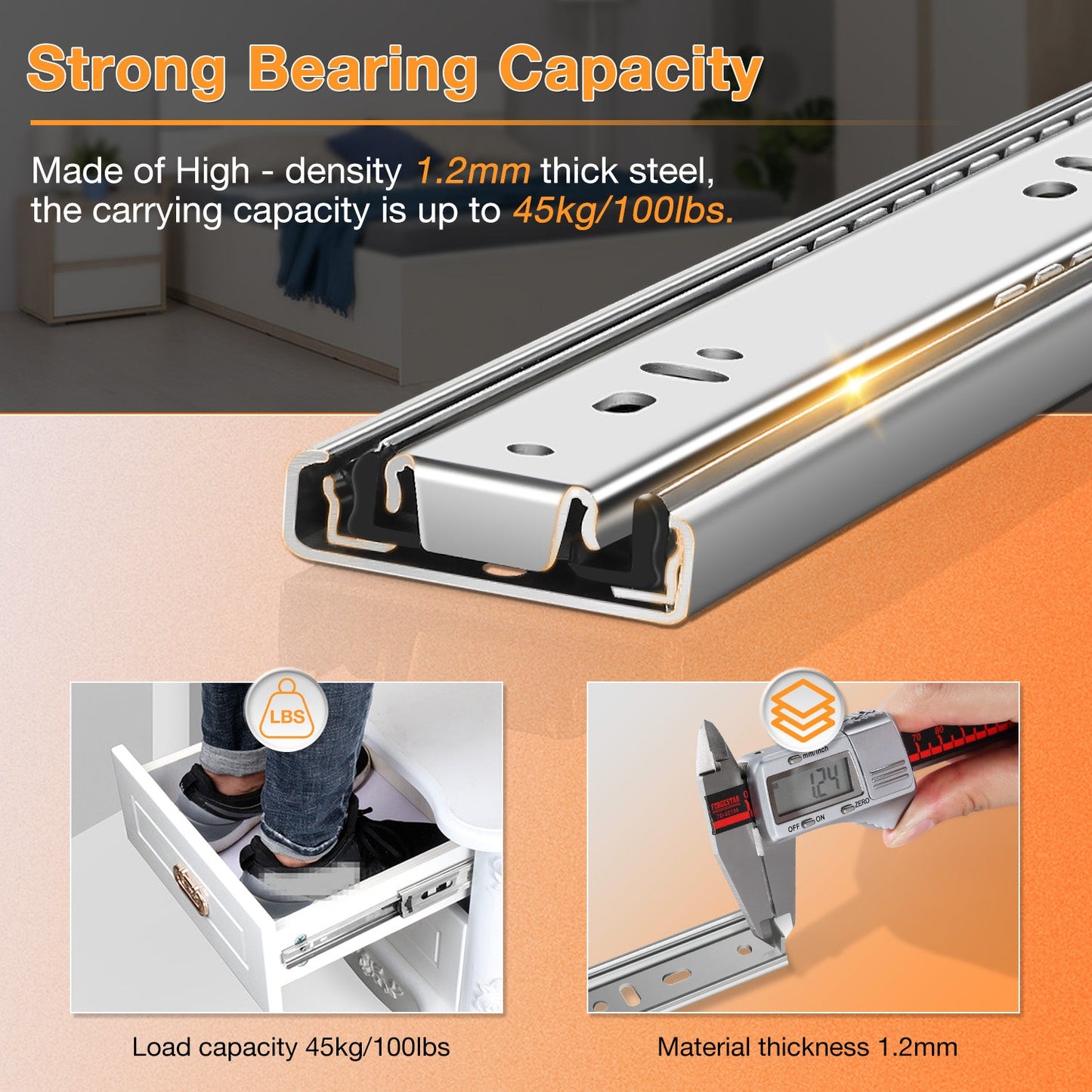 Full Extension Drawer Slides Side Mount Ball Bearing Metal Rails Track Guide Glides Runners Heavy Duty 100 Pound Load (Rolled Steel) - YENUO