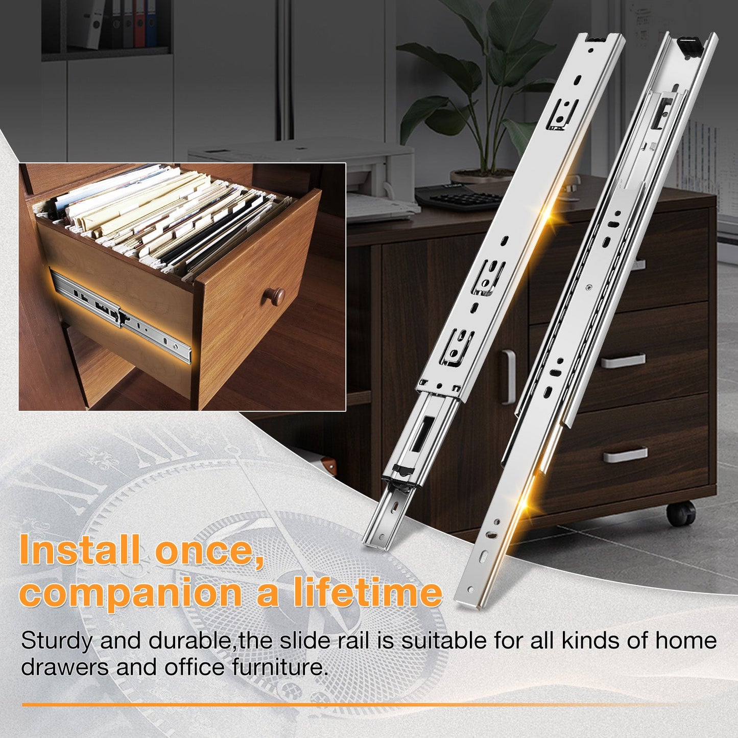 Full Extension Drawer Slides Side Mount Ball Bearing Metal Rails Track Guide Glides Runners Heavy Duty 100 Pound Load (Rolled Steel) - YENUO