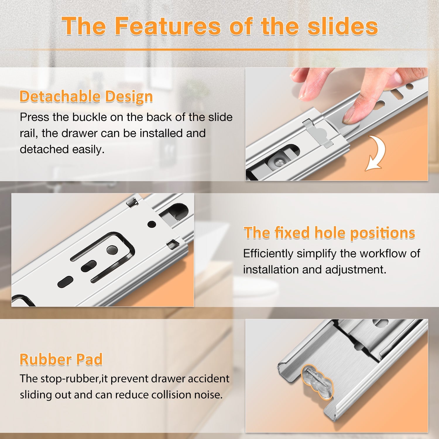 Stainless Steel Full Extension Drawer Slides Side Mount Ball Bearing Metal Rails Track Guide Glides Runners Heavy Duty 100 Lbs - YENUO