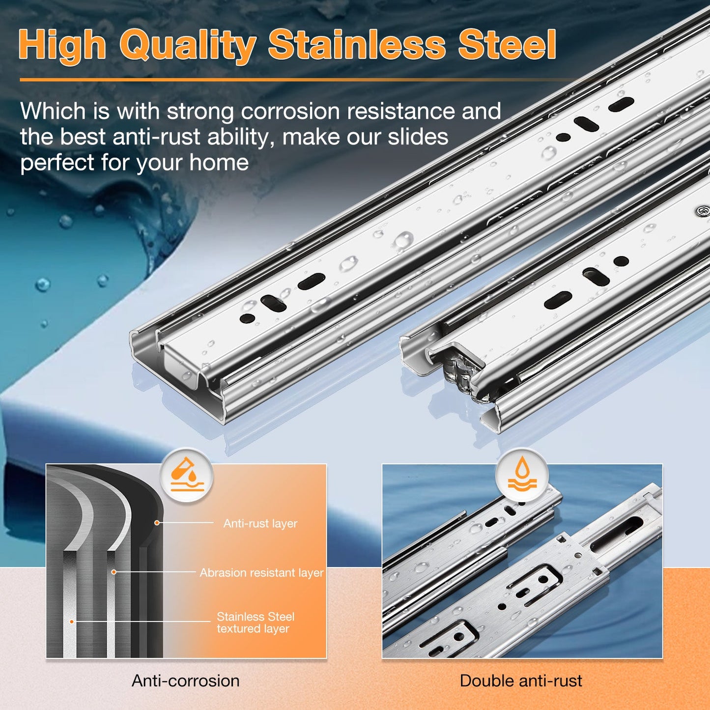Stainless Steel Full Extension Drawer Slides Side Mount Ball Bearing Metal Rails Track Guide Glides Runners Heavy Duty 100 Lbs - YENUO