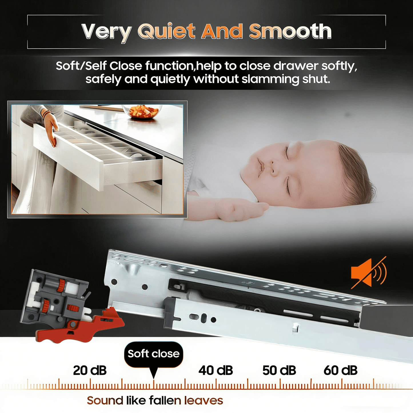 YENUO 45mm Hidden Soft - Closing Telescopic Slide Rail - 3 - Fold Cold - Rolled Steel with 3D Handle - YENUO