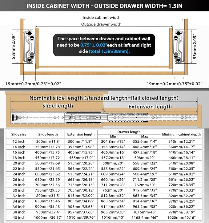 YENUO Heavy Duty Drawer Slides Full Extension 12 14 16 18 20 22 24 26 28 30 32 34 36 38 40 42 44 46 48 50 52 54 56 58 60Inch Side Mount Ball Bearing Metal Rails Track Guide Glides Runners 250 Lbs 1 Pair (Without Lock) - YENUO
