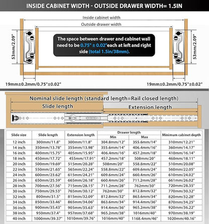 YENUO Heavy Duty Drawer Slides Full Extension 12 14 16 18 20 22 24 26 28 30 32 34 36 38 40 42 44 46 48 50 52 54 56 58 60Inch Side Mount Ball Bearing Metal Rails Track Guide Glides Runners 250 Lbs 1 Pair (Without Lock) - YENUO
