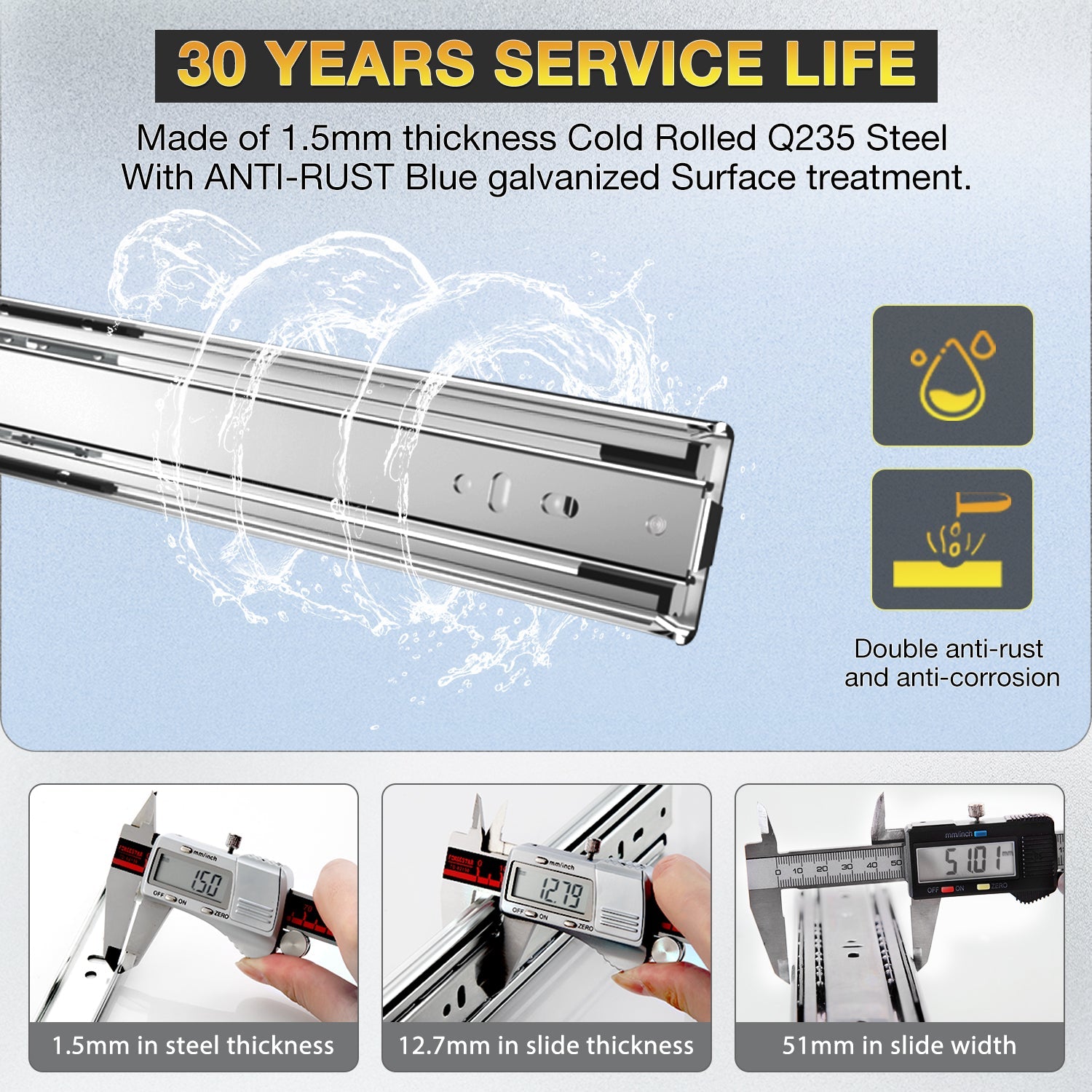 YENUO Heavy Duty Drawer Slides Full Extension Side Mount 12 14 16 18 20 22 24 26 28 30 32 34 36 40 Inch Metal Rails Track Guide Glides Runners 150 Lbs 1 Pair (Without Lock) - YENUO