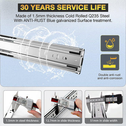 YENUO Heavy Duty Drawer Slides Full Extension Side Mount 12 14 16 18 20 22 24 26 28 30 32 34 36 40 Inch Metal Rails Track Guide Glides Runners 150 Lbs 1 Pair (Without Lock) - YENUO