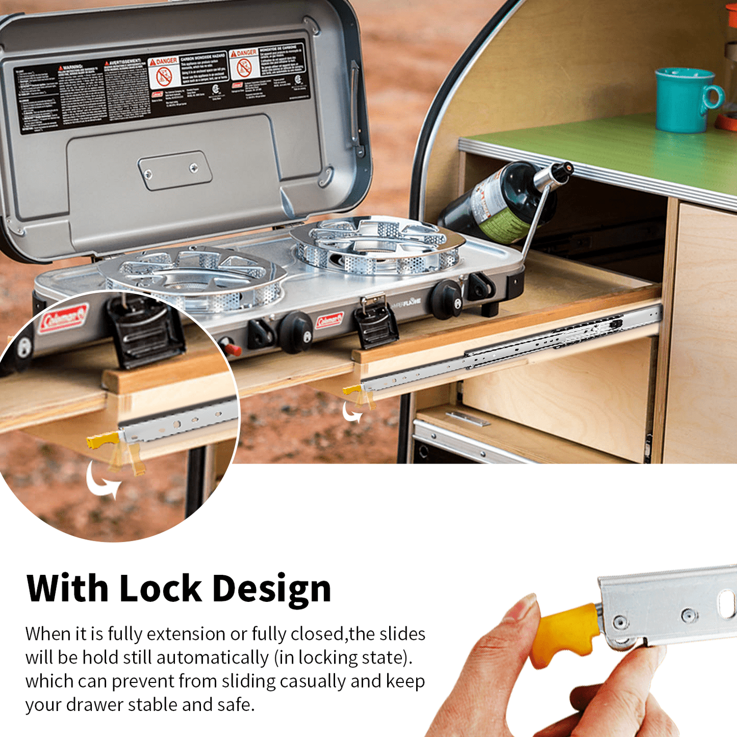 YENUO Heavy Duty Drawer Slides with Lock 12 14 16 18 20 22 24 26 28 30 32 34 36 38 40 44 48 52 56 60 Inch Full Extension Side Mount Ball Bearing Locking Rails Track Glides Runners Load 500 Lbs 1 Pair（With lock） - YENUO