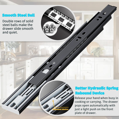 YENUO Push to Open Drawer Slides Full Extension Rail 12 14 16 18 20 22 24 inch handleless Side Mount Dresser Cabinet Bracket Replacement Ball Bearing Tracks kit Guide Runner 100lb 1Pair - YENUO