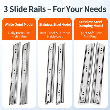 YENUO Stainless Steel Full Extension Drawer Slides Side Mount 10 12 14 16 18 20 22 24 26 28 30 32 34 36 38 40Inch Ball Bearing Metal Rails Track Guide Glides Runners Heavy Duty 100 Lbs 1/5/10 Pair - YENUO